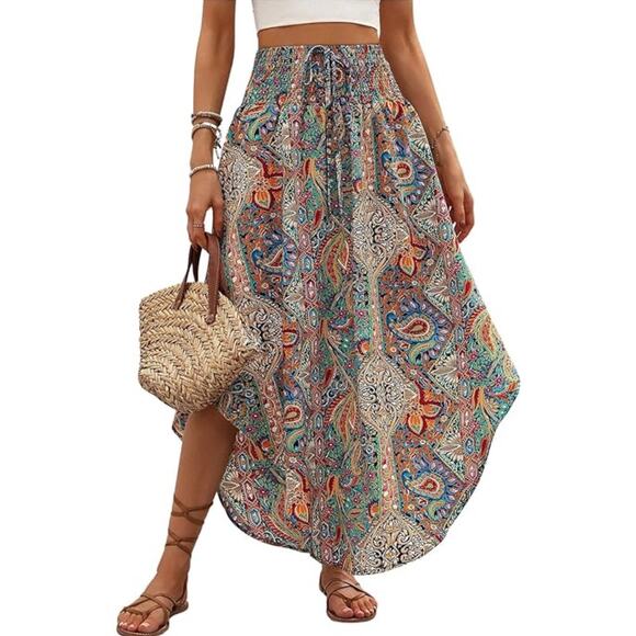 Paisley Midi Maxi Skirt M/L Boho High Waist Curved Hem Hi-Lo Smocked Flowy Swim - Picture 1 of 6